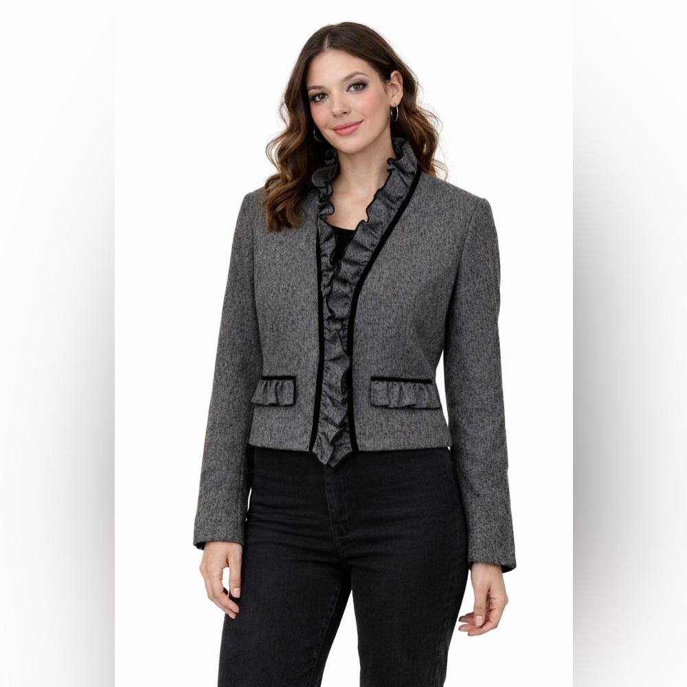 Vintage Gray Ruffle Trim Designer Blazer Feminine Structured Jacket Size 14